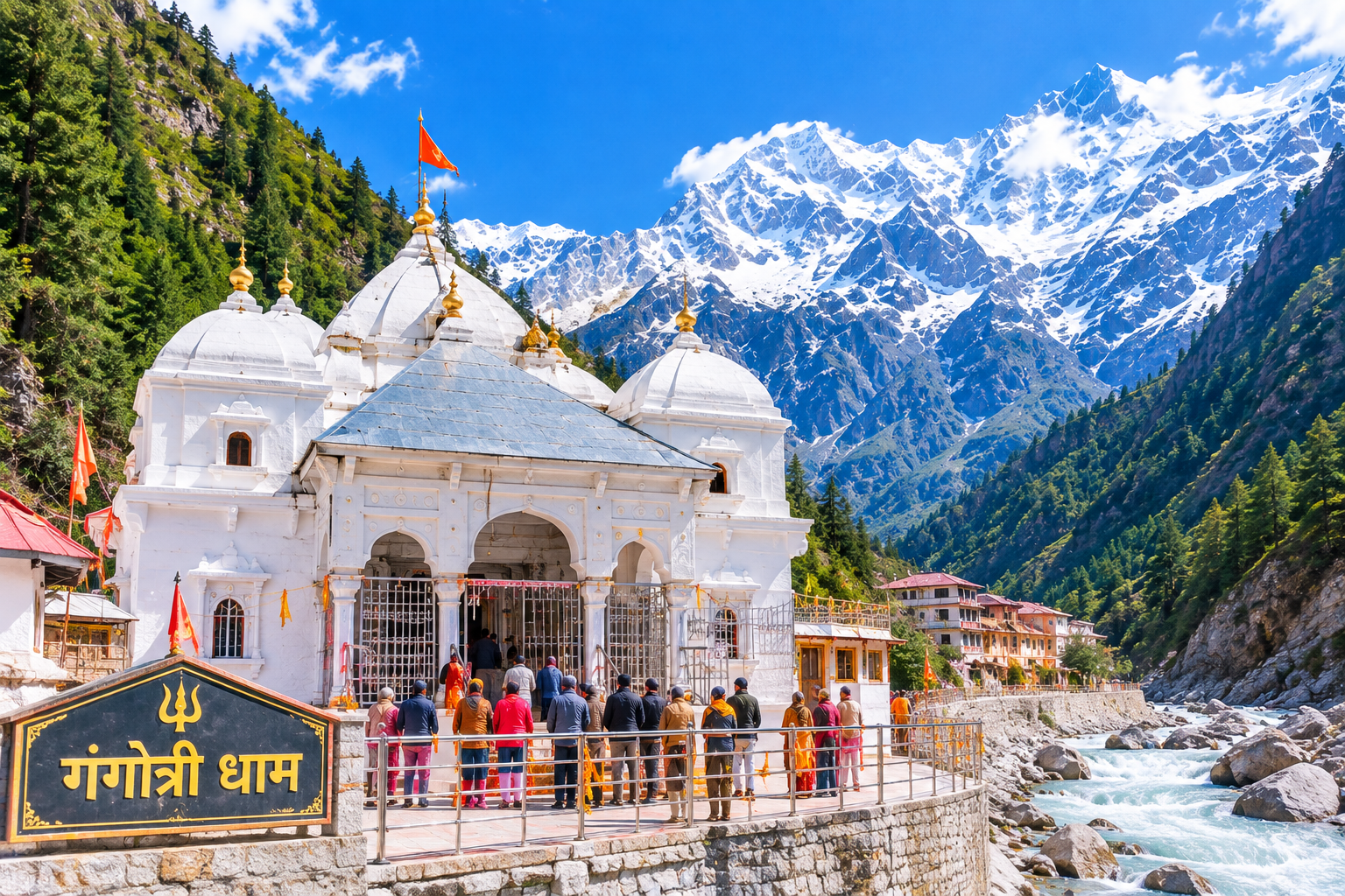 Gangotri temple by the Bhagirathi river